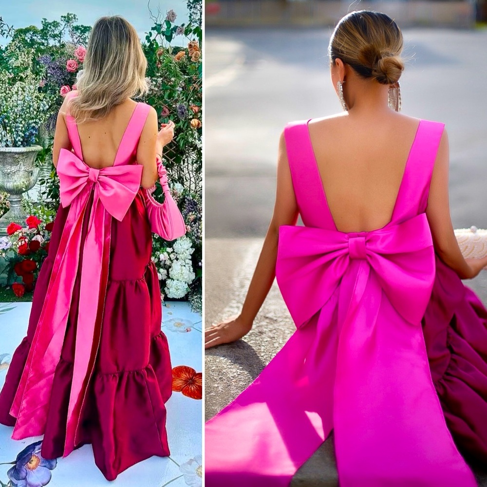 Hutch Harlo Bow Back Satin Tiered Maxi Dress Pink Magenta Formal Wedding 4 Small - Picture 12 of 15